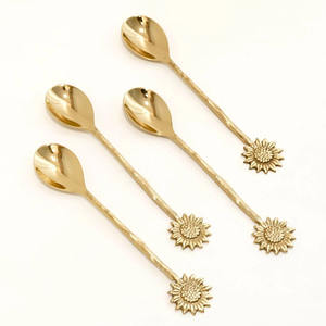 Cuillères à thé et à dessert en laiton doré, motif tournesol, avec poignée décorée, lavables au lave-vaisselle, pour la table, cuillères à soupe et à dîner - Product Image 3