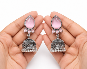 Factory Direct Pink Teardrop Stone Jhumka <b>Earrings</b> for Women Antique <b>Silver</b> Tone Ghungroo Bell Indian Tribal Statement Jewelry - Product Image 3