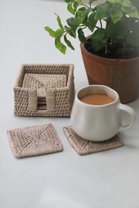 Indian Handmade Rattan Coasters <b>Set</b> with Mother Pearl Mosaic Natural Table Decor Drink Coasters Mats & Pad For Kitchen Hotel Use - Product Image 3