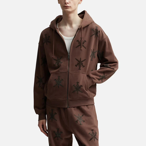 Hoodie personnalisé de luxe en gros, orné de pierres brillantes et de strass surdimensionnés, style streetwear vintage délavé à l'acide, avec fermeture éclair, modèle basique - Product Image 2