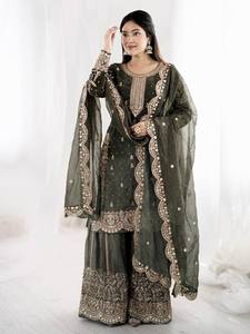 Ensemble de costume Anarkali pour femmes, traditionnel indien pakistanais, en soie brodée, sans plis, extensible, longueur normale, vert - Product Image 3