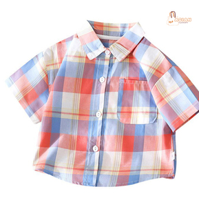 เสื้อเชิ้ตแขนสั้นลายสก๊อตลำลองสำหรับเด็กผู้ชายพร้อมกระเป๋า ปกคอพับได้ ผ้าฝ้ายระบายอากาศได้ดี ทรงปกติ ใส่ได้ในฤดูร้อน - Product Image 6