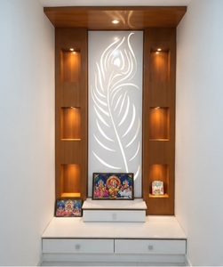 Modern <b>Mandir</b> in Peacock Feather Design Wooden Pooja Cabinet With Storage Drawers Teak Wood Pooja Ghar For Prayer Room Australia - Product Image 3