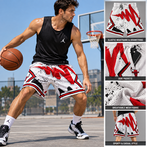 Shorts de basketball pour hommes, blanc, rouge, noir, imprimé géométrique, taille haute élastique, fermeture à cordon, séchage rapide, respirant, en toile - Product Image 6