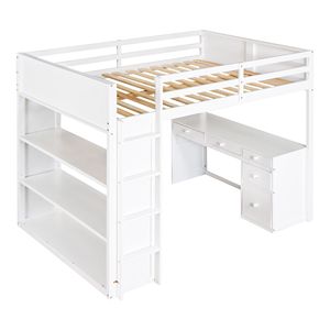 Letto a soppalco bianco a grandezza naturale con scaletta e scrivania con ripiani per la cameretta dei bambini - Product Image 3