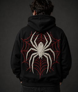 Sweat-shirt à capuche noir unique pour homme avec araignée blanche brodée et toile rouge au dos, coupe classique, décontracté, pour l'automne - Product Image 1