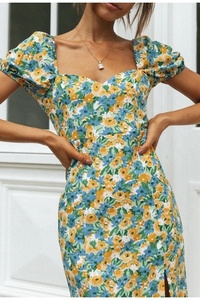 Summer New Elegant Slim Floral Print <b>A</b>-<b>Line</b> Midi <b>Dress</b> Casual with Sweetheart Neck <b>Pattern</b> Decoration Side Slit Lantern Sleeves - Product Image 2