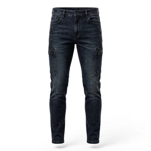 Jean cargo slim pour homme en denim foncé délavé, taille mi-haute, poches zippées, pantalon décontracté en coton de BD - Product Image 1