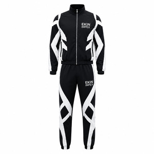 Ekin Impex Men's Black <b>White</b> Geometric Tracksuit Set Full Zip Jacket <b>Jogger</b> Pants Wear Sporty Autumn Knitted Polyester - Product Image 1