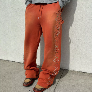 Joggers personnalisés en molleton HQ avec strass en cristal, coupe droite oversize, en coton French Terry, style baggy, délavé à l'acide, évasé, 2026 - Product Image 2