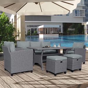 Set di Mobili da Giardino in Rattan Grigio a 6 Pezzi, Divano, Sedie, Sgabelli e Tavolo con Cuscini Grigi per Esterni - Product Image 2