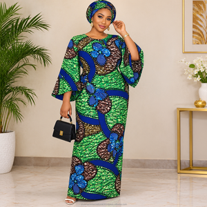 Green Blue Floral Ankara Wax Print Fabric with Abstract Leaf Pattern for <b>African</b> Dresses and Fashion <b>Wear</b> - Product Image 2