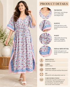 Vestido Kaftán con Estampado Floral, Borde Azul y Ribete de Rayas Rosas, Kaftán Largo con Cuello en V para Mujer, Proveedores Mayoristas de Ropa de Playa - Product Image 2