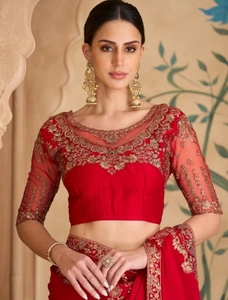 KV Women's Embroidered Embellished Wrinkle-Free Bollywood Designer Satin <b>Saree</b> with Unstitched Blouse (<b>Red</b>) Autumn - Product Image 4