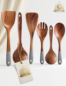 Teak <b>Wood</b> Cooking Utensils <b>Set</b> Skimmer Slotted Spatula Spoon Ladle Long Handle Nonstick <b>Kitchen</b> Tool <b>Set</b> - Product Image 1