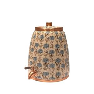 Distributeur d'eau en cuivre artisanal indien avec robinet à motif floral bleu doré, chaud et froid, garantie de 3 ans pour usage domestique - Product Image 4