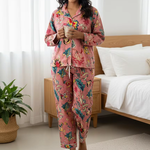 Conjunto de Pijama para Mujer con Estampado Floral y Rayas Verticales, Hecho a Mano, de Algodón, Ropa de Dormir Elegante, Camisa y Pantalones de Secado Rápido - Product Image 1