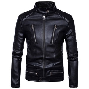 Veste de moto slim fit en cuir PU noir pour homme, col à fermeture éclair intégrale, manches classiques, style automne - Product Image 1