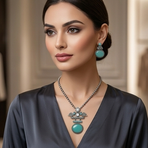 DIVYORO Women's Turquoise Teardrop <b>Statement</b> Ethnic Adjustable Oxidized Silver <b>Necklace</b> and Earrings Set - Product Image 4
