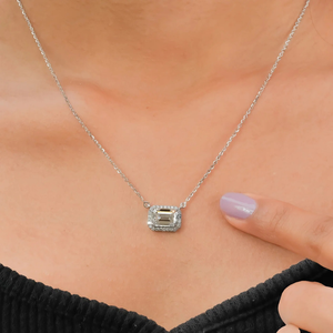 Lab Grown <b>Emerald</b> Cut Diamond <b>Pendant</b> Necklace Halo Charm Silver Plated for Women Wedding & Party Gift - Product Image 5