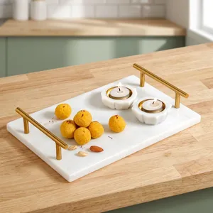 Plateau de service en marbre blanc avec poignées dorées, plateau décoratif pour bougies chauffe-plat, pour la décoration de la maison, centre de table - Product Image 4