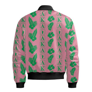 Blouson bomber rose et vert imprimé de haute qualité avec motif palmier et design de blason, veste décontractée pour homme en polyester avec fermeture éclair sur le devant - Product Image 6