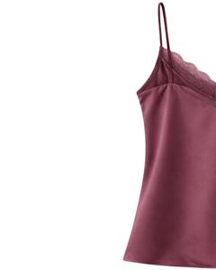 Ensemble de pyjama en satin rouge vin pour femmes, avec débardeur à fines bretelles et short, bordure en dentelle, doux et respirant, pour l'été, tenue de nuit et de détente - Product Image 4