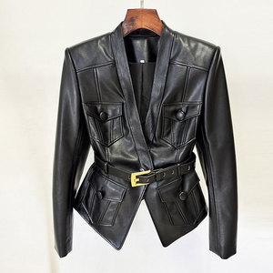 Wholesale Fashion Casual Ladies Coat Customized Faux <b>Leather</b> <b>Long</b> Sleeve Belted Detail Blazer <b>Jacket</b> for Women - Product Image 4