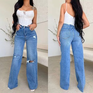 Comfortable High-Waisted Ladies All-in-One Denim Pants Modest Casual Style Baggy <b>Jeans</b> with Ripped Washed Hole Decoration - Product Image 1