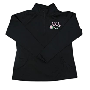 Black <b>Quarter</b> <b>Zip</b> Pullover Lightweight Performance Long Sleeve Mock Neck Jacket with Pink & Green Embroidery - Product Image 1