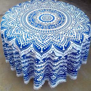 Mantel Redondo Hecho a Mano en India con Diseño de Mandala, Mantel Bohemio, Hermoso Mantel con Diseño Rangoli Azul - Product Image 1
