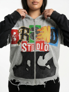 Sweat-shirt zippé respirant à capuche pour femme, délavé à l'acide et au sel, gris/noir uni, style streetwear, longueur standard, 100% coton - Product Image 4