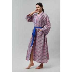 Pink Floral Printed <b>Long</b> Cotton <b>Kimono</b> <b>Robe</b> Blue Belt Drawstring V-Neck Full Sleeve Breathable Eco-Friendly Quick Dry Women's - Product Image 4