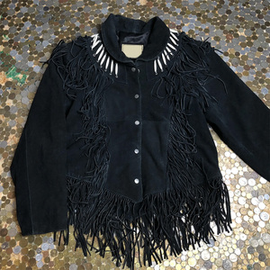 Veste en daim noir à franges, style western, col rabattu, manches longues, grande taille, pour femmes, automne - Product Image 1