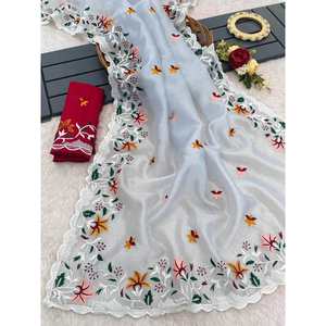 TREANDING ORGANZA SOIE BRODERIE TRAVAIL SAREE AVEC CHEMISIER NON COUDU GRIS - Product Image 1