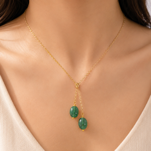 Custom Rhodium Plated Necklace Green Emerald Oval Gemstone Bead Dual Asymmetric Drop Y Lariat Chain Dainty Women Luxury Jewelry - Product Image 1