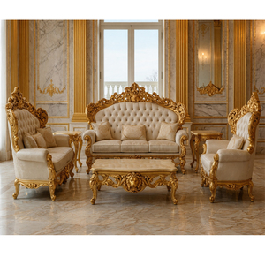 Muebles de Salón Tallados en Estilo Barroco con Hojas de Oro, Estilo Maharaja Real, Juego de Sofá de 5 Plazas con Mesa de Centro Tallada con Cabeza de León, Reino Unido - Product Image 1