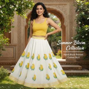 Falda Larga Artisan 36 Kali A-Line, Corte en A, Algodón con Estampado Artesanal, Motivo Amarillo, Sin Elástico, con Lazos - Product Image 3