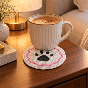 Premium <b>Glass</b> Beaded Paw Print <b>Coaster</b> for Dining Table | Decorative Round Drink Mat for Kitchen Home Decor Tabletop Accessories - Product Image 2