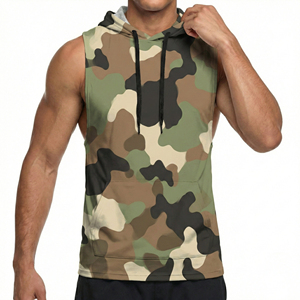 Wholesale Men's Custom Printed Camouflage Muscle Tank Top Sleeveless Hoodie Workout Activewear Front <b>Pouch</b> <b>Drawstring</b> Tank Tops - Product Image 1