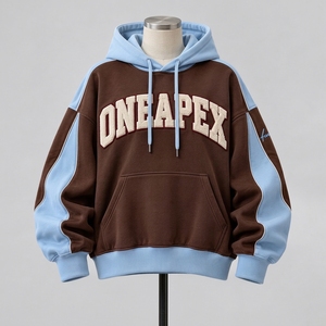เสื้อฮู้ดดี้โอเวอร์ไซส์สีน้ำตาล-น้ำเงินสำหรับผู้หญิง พร้อมโลโก้สั่งทำ ผ้าฝ้ายพรีเมียมเนื้อนุ่ม สวมหัวแบบพูลโอเวอร์ ขายส่งเสื้อผ้าสตรีทแวร์จากโรงงาน - Product Image 1