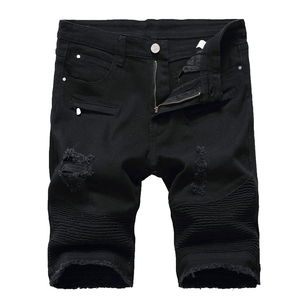 Men's <b>Black</b> Denim <b>Shorts</b> Mid Waist Ripped Distressed Casual Summer Cotton Fabric Zippers Pockets Woven Style - Product Image 1