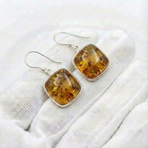 Pendientes colgantes bohemios cuadrados de ámbar con engaste de bisel, hechos a mano en plata de ley 925 maciza con piedras preciosas, para mujer. - Product Image 1
