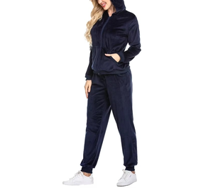 Customized Women Navy Blue <b>Velvet</b> Tracksuit Set Hooded Zip Up <b>Jacket</b> And Long Pants Fitness Tracksuit for Outdoor Activities - Product Image 3