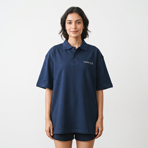 เสื้อโปโลผู้หญิงไซส์ใหญ่ สีน้ำเงินล้วน ปักโลโก้ได้ ผ้าฝ้าย 100% ทรงโอเวอร์ไซส์ แขนสั้น สไตล์ลำลอง แฟชั่น - Product Image 1