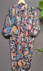 Bata Kimono con Cuello en V, Cierre de Encaje, Larga, de Manga Larga, con Estampado Floral Digital, Ecológica, Transpirable, de Secado Rápido, de Algodón - Product Image 3