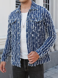 TRIBON SPORTS Chaqueta Camisera de Mezclilla para Hombre, Color Sólido, Borde Deshilachado, Cuello Clásico, Corte Regular, Estilo Casual, para Primavera, con un Solo Botón - Product Image 2