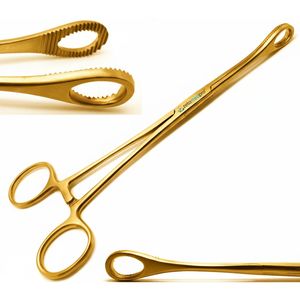Pince à éponges Foerster droite à verrouillage pour piercing corporel, en acier inoxydable, 12 pouces, mâchoires dentelées, couleur or - Product Image 1