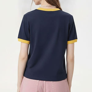<b>Top</b> Trending Women's <b>Navy</b> Blue T-Shirt With Yellow Trim Crew Neck Short Sleeve Loose Fit 100% Cotton Casual Spring Summer Wear - Product Image 3