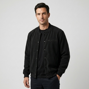 Blouson Bomber Homme Noir en Polaire avec Boutons Pression et Poignets en Tricot Côtelé – Personnalisation OEM/ODM, Vente en Gros - Product Image 3